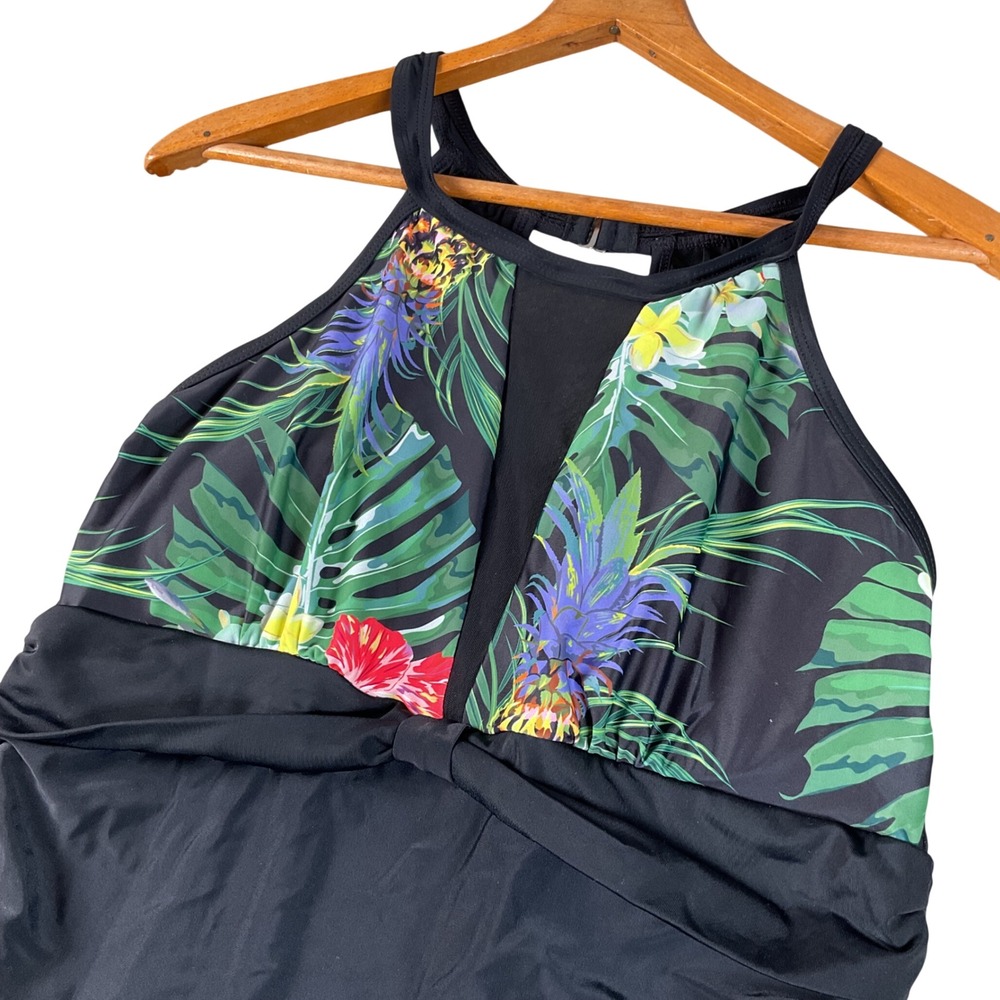 I2CRAZY One Piece Swimsuit Womens‎ XL Black New High Neck Tropical Mesh Ruched